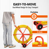 HORUSDY 150M 8mm fish tape puller with dual-wheel frame, flexible conduit rodder tool for electricians and cable installation