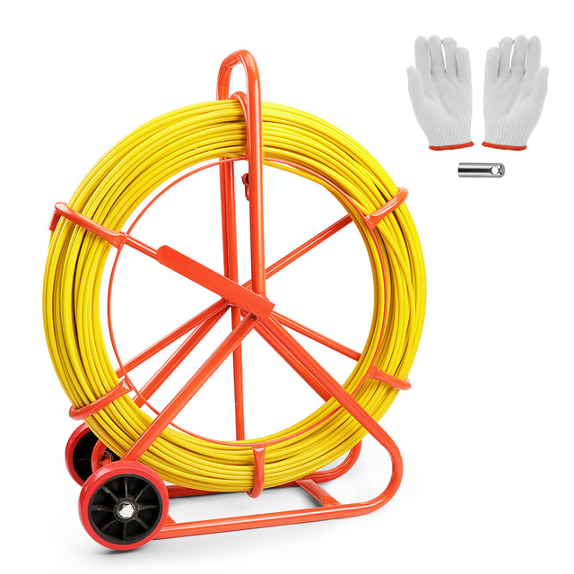 HORUSDY 150M 8mm fish tape puller with dual-wheel frame, flexible conduit rodder tool for electricians and cable installation