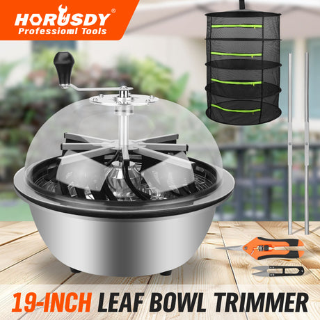 19-inch leaf bowl trimmer with stainless steel blades, clear dome cover, drying rack and pruning scissors for plant trimming and bud processing