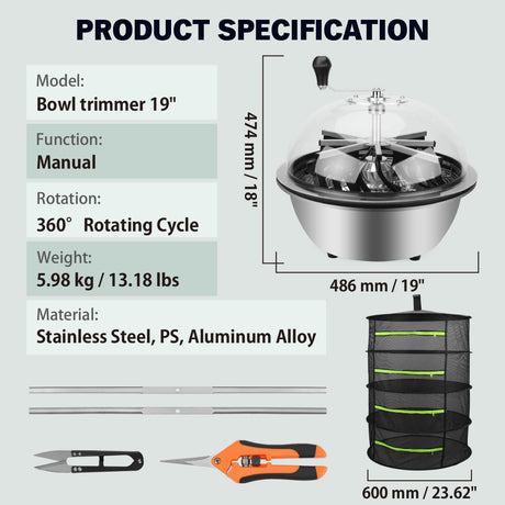 19-inch leaf bowl trimmer with stainless steel blades, clear dome cover, drying rack and pruning scissors for plant trimming and bud processing