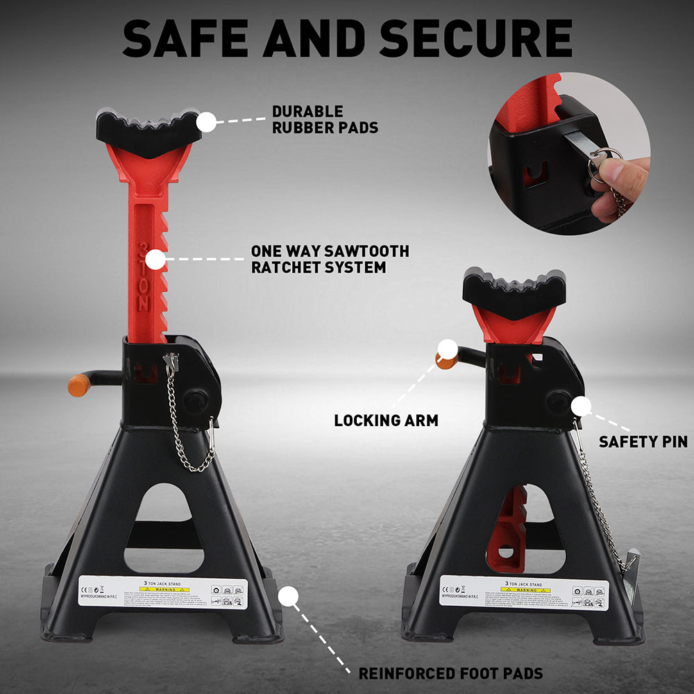 3-Ton car jack stand with double safety locking system, adjustable height, heavy-duty vehicle support