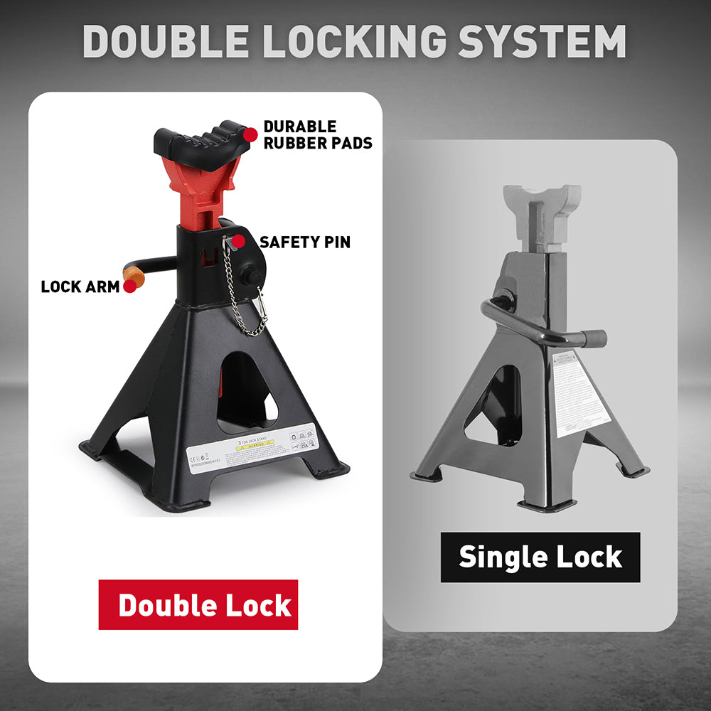 3-Ton car jack stand with double safety locking system, adjustable height, heavy-duty vehicle support