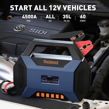 4500A portable car jump starter with air compressor, LED light, USB power bank, and tire inflator for cars, SUVs, motorcycles, and emergency roadside use.