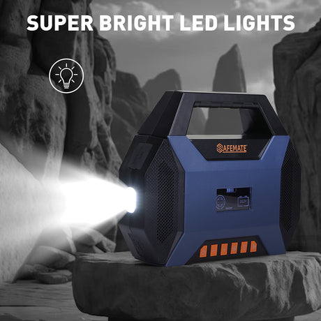 4500A portable car jump starter with air compressor, LED light, USB power bank, and tire inflator for cars, SUVs, motorcycles, and emergency roadside use.