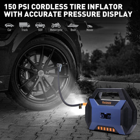 4500A portable car jump starter with air compressor, LED light, USB power bank, and tire inflator for cars, SUVs, motorcycles, and emergency roadside use.