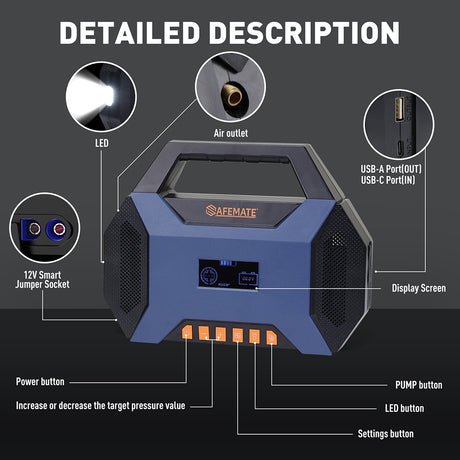 4500A portable car jump starter with air compressor, LED light, USB power bank, and tire inflator for cars, SUVs, motorcycles, and emergency roadside use.