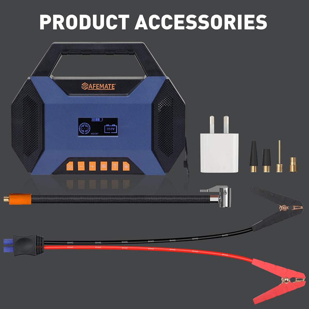 4500A portable car jump starter with air compressor, LED light, USB power bank, and tire inflator for cars, SUVs, motorcycles, and emergency roadside use.