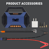 4500A portable car jump starter with air compressor, LED light, USB power bank, and tire inflator for cars, SUVs, motorcycles, and emergency roadside use.