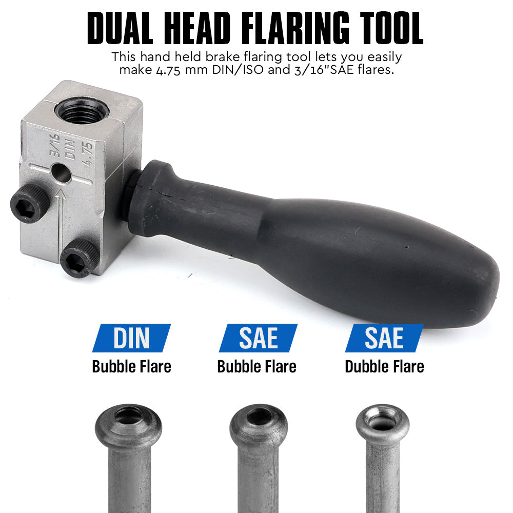 4-piece brake tube flaring tool kit with dual head design for 3/16" SAE and 4.75mm DIN bubble and double flares, in blue storage case