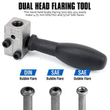 4-piece brake tube flaring tool kit with dual head design for 3/16" SAE and 4.75mm DIN bubble and double flares, in blue storage case