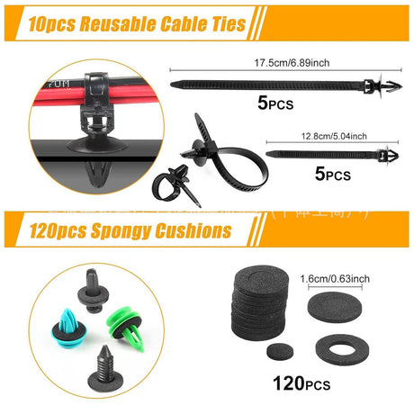 Car retainer clips kit 1240PCS with 32 sizes, fastener removal tools, cable ties and sponge pads for automotive panel and bumper repair.
