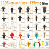 Car retainer clips kit 1240PCS with 32 sizes, fastener removal tools, cable ties and sponge pads for automotive panel and bumper repair.