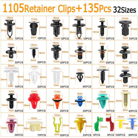 Car retainer clips kit 1240PCS with 32 sizes, fastener removal tools, cable ties and sponge pads for automotive panel and bumper repair.