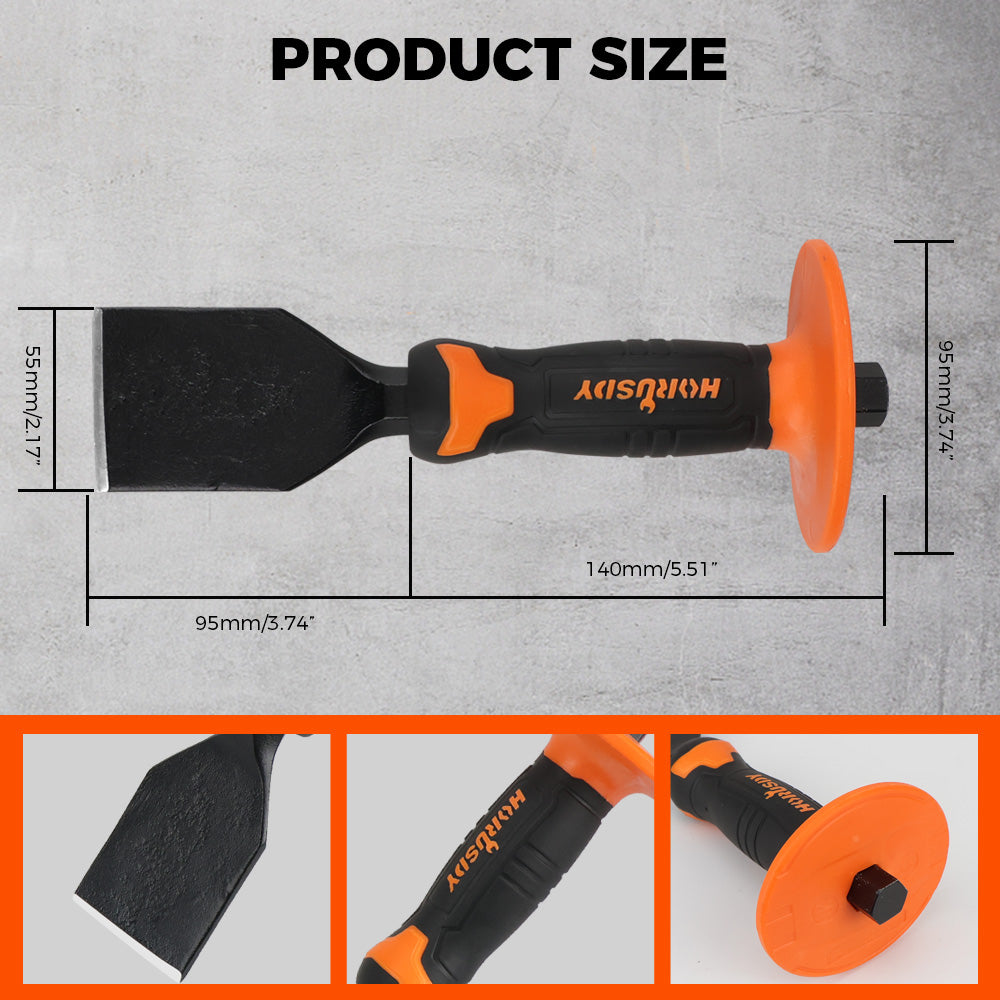 heavy-duty masonry brick chisel with rubber handle and hand guard for stone and concrete cutting