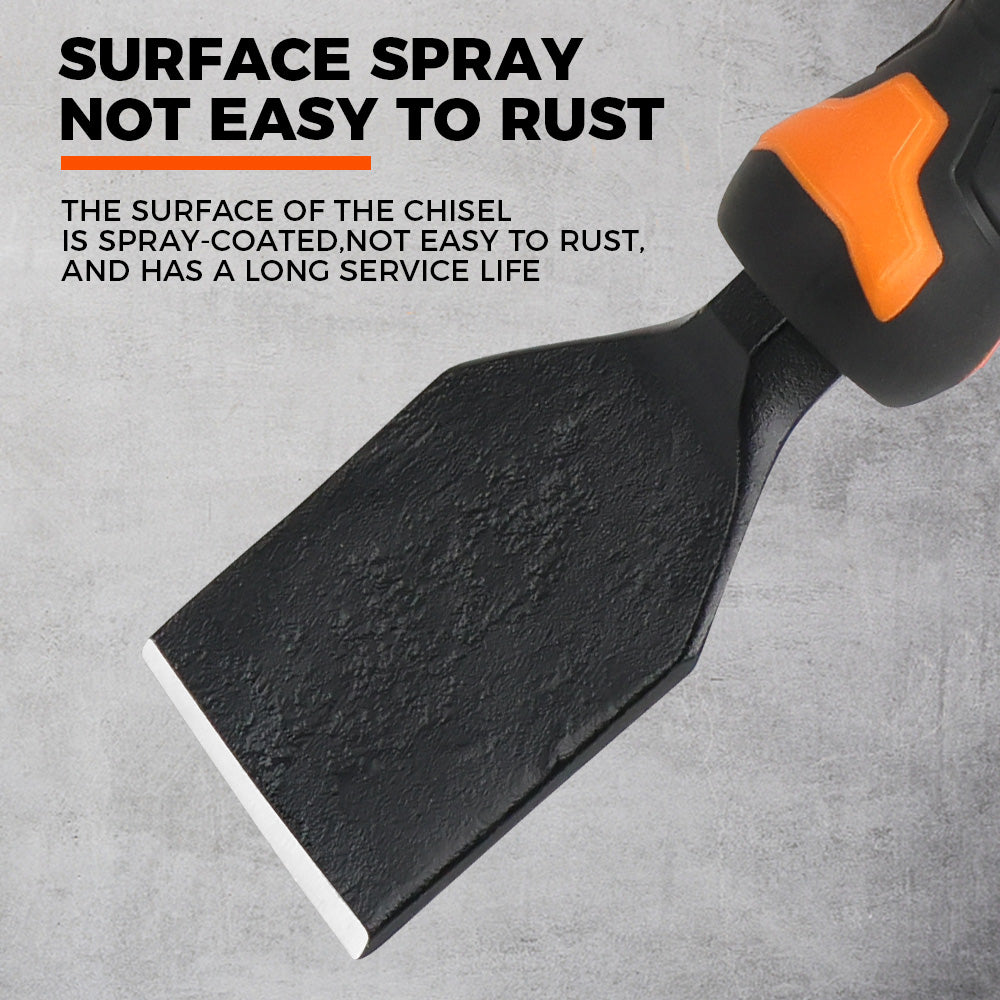heavy-duty masonry brick chisel with rubber handle and hand guard for stone and concrete cutting