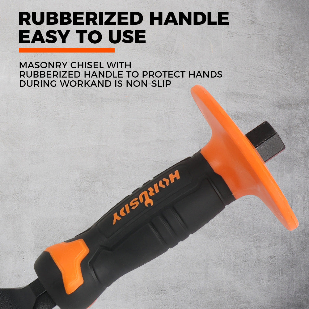 heavy-duty masonry brick chisel with rubber handle and hand guard for stone and concrete cutting