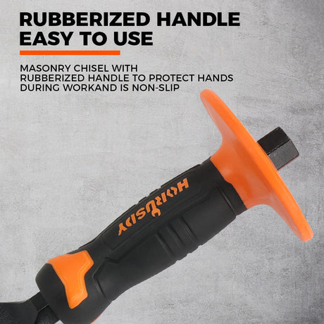 heavy-duty masonry brick chisel with rubber handle and hand guard for stone and concrete cutting