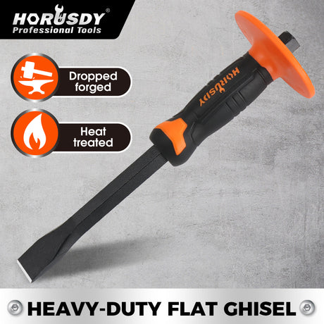 heavy-duty masonry chisel with rubber handle and hand guard for brick, stone, and concrete cutting