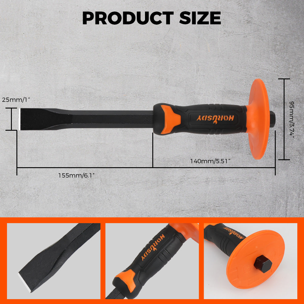 heavy-duty masonry chisel with rubber handle and hand guard for brick, stone, and concrete cutting