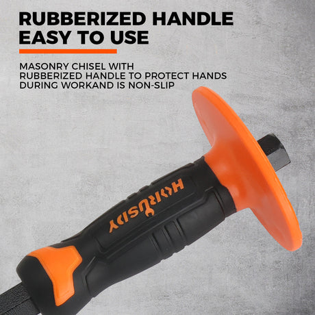 heavy-duty masonry chisel with rubber handle and hand guard for brick, stone, and concrete cutting