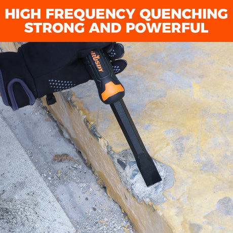 heavy-duty masonry chisel with rubber handle and hand guard for brick, stone, and concrete cutting