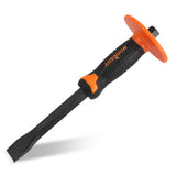 heavy-duty masonry chisel with rubber handle and hand guard for brick, stone, and concrete cutting