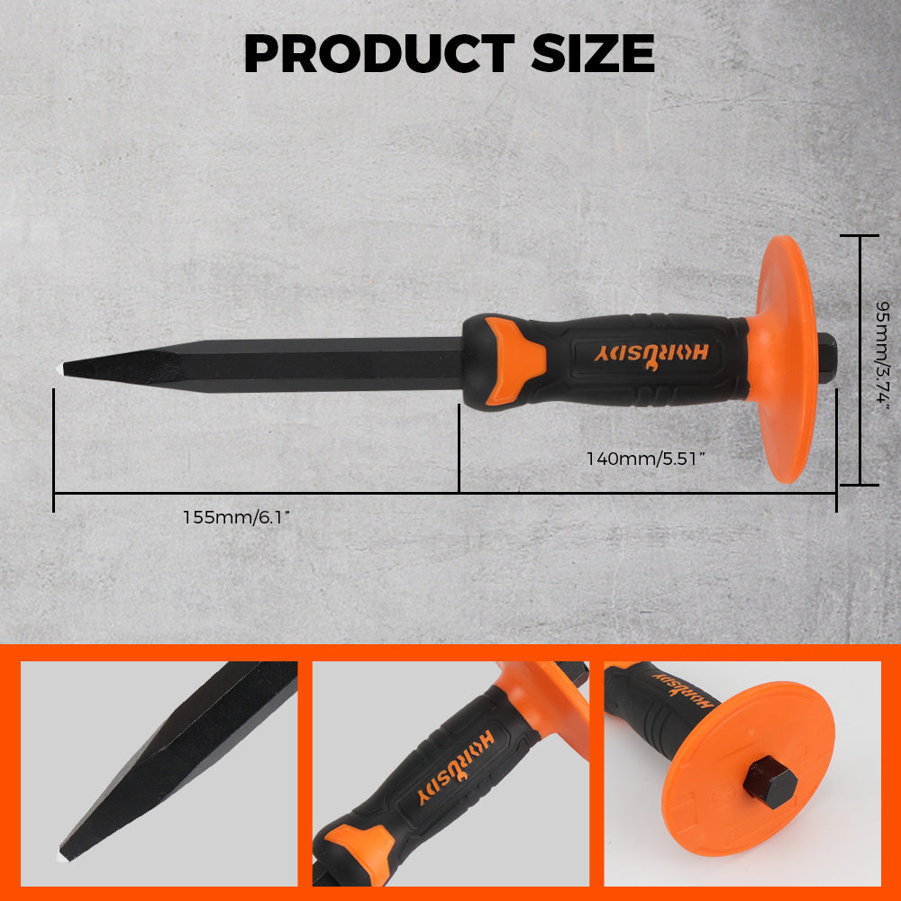 heavy-duty point chisel with rubber handle and safety guard for brick, stone, and concrete breaking
