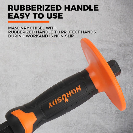 heavy-duty point chisel with rubber handle and safety guard for brick, stone, and concrete breaking