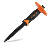 heavy-duty point chisel with rubber handle and safety guard for brick, stone, and concrete breaking