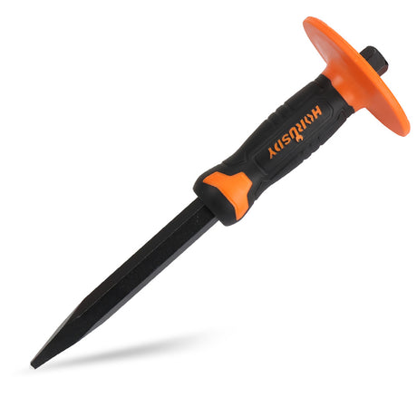 heavy-duty point chisel with rubber handle and safety guard for brick, stone, and concrete breaking