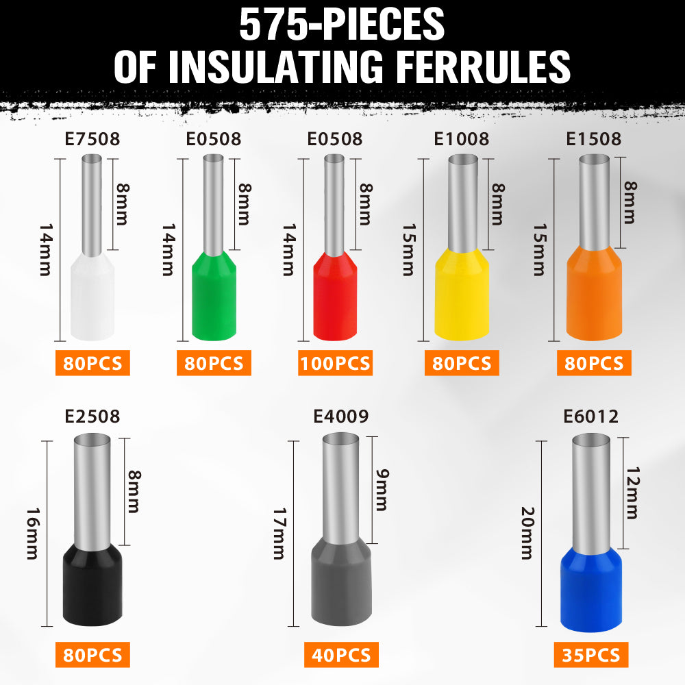 575-piece wire ferrules kit with insulated pin terminals, assorted sizes, copper conductors and storage case