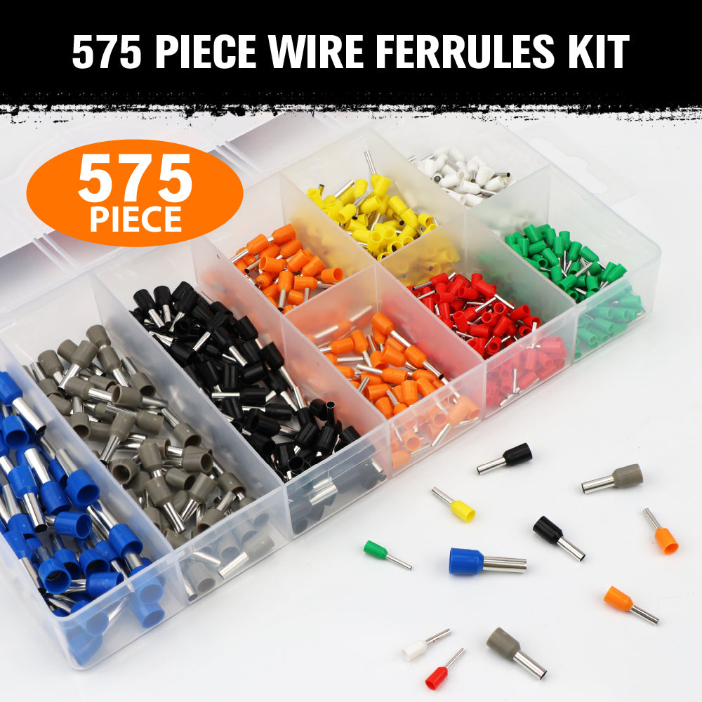575-piece wire ferrules kit with insulated pin terminals, assorted sizes, copper conductors and storage case