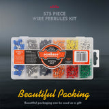 575-piece wire ferrules kit with insulated pin terminals, assorted sizes, copper conductors and storage case