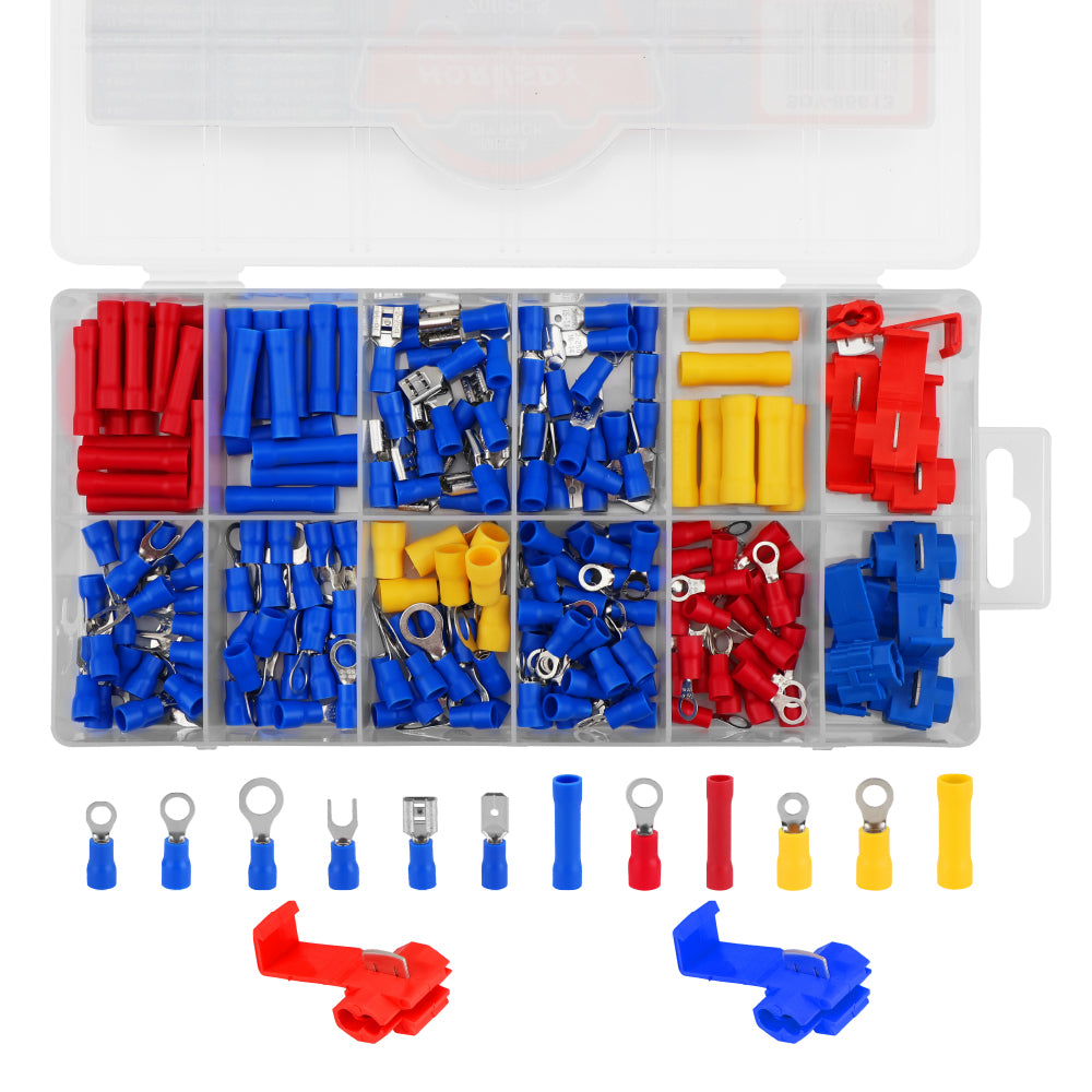 200-piece electrical connector kit with insulated crimp terminals and quick connectors for automotive and electrical wiring