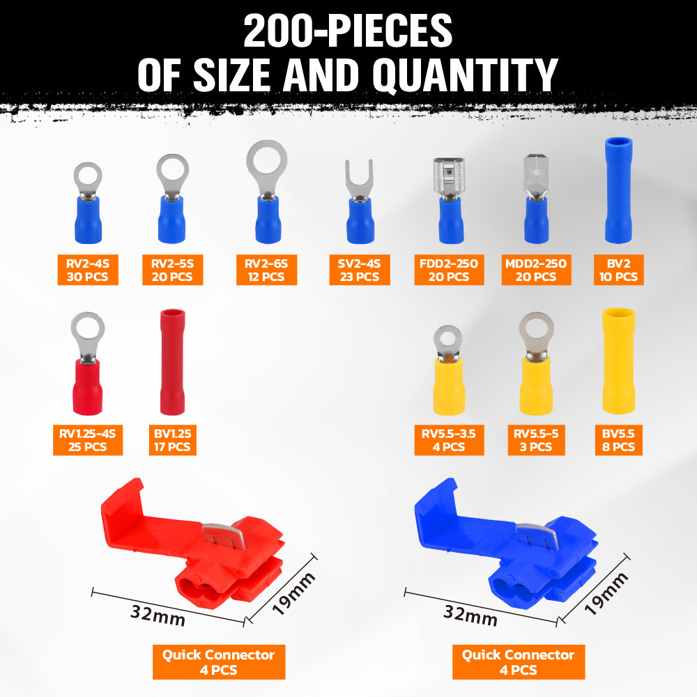 200-piece electrical connector kit with insulated crimp terminals and quick connectors for automotive and electrical wiring