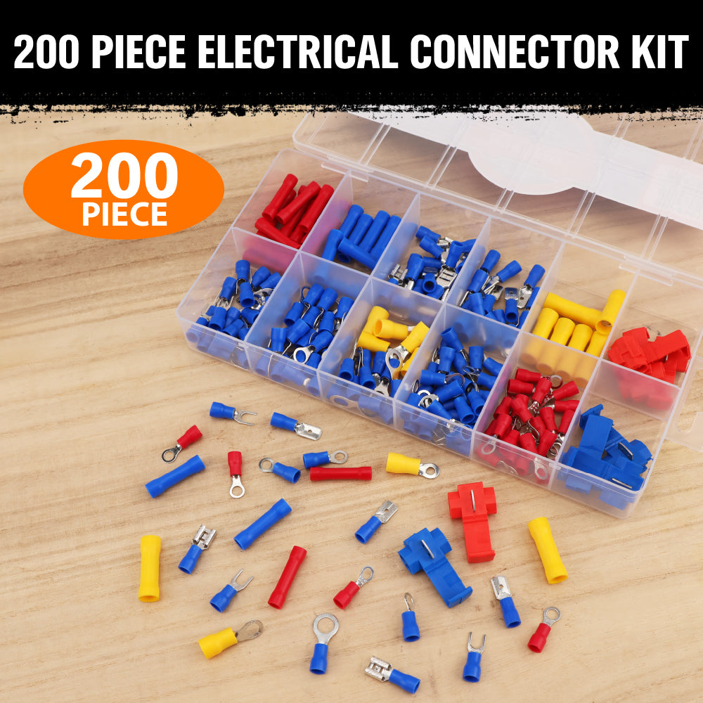200-piece electrical connector kit with insulated crimp terminals and quick connectors for automotive and electrical wiring