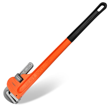 36-inch heavy duty pipe wrench with solid steel construction, adjustable multi-pipe jaw, precision machine teeth, wide I-beam handle and PVC coated grip