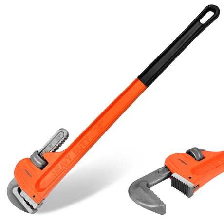 36-inch heavy duty pipe wrench with solid steel construction, adjustable multi-pipe jaw, precision machine teeth, wide I-beam handle and PVC coated grip