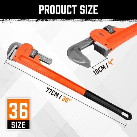 36-inch heavy duty pipe wrench with solid steel construction, adjustable multi-pipe jaw, precision machine teeth, wide I-beam handle and PVC coated grip