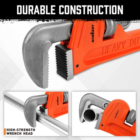 36-inch heavy duty pipe wrench with solid steel construction, adjustable multi-pipe jaw, precision machine teeth, wide I-beam handle and PVC coated grip
