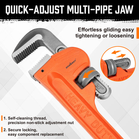36-inch heavy duty pipe wrench with solid steel construction, adjustable multi-pipe jaw, precision machine teeth, wide I-beam handle and PVC coated grip