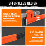 36-inch heavy duty pipe wrench with solid steel construction, adjustable multi-pipe jaw, precision machine teeth, wide I-beam handle and PVC coated grip