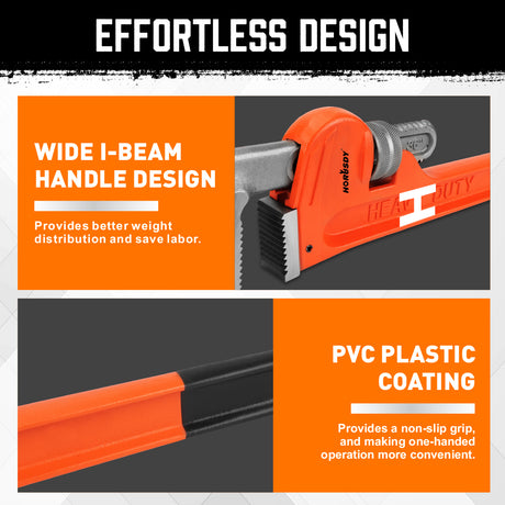 36-inch heavy duty pipe wrench with solid steel construction, adjustable multi-pipe jaw, precision machine teeth, wide I-beam handle and PVC coated grip