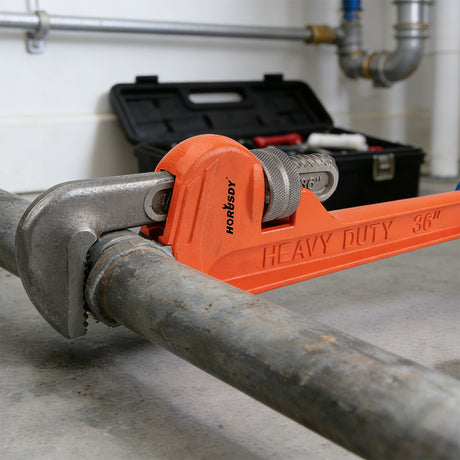 36-inch heavy duty pipe wrench with solid steel construction, adjustable multi-pipe jaw, precision machine teeth, wide I-beam handle and PVC coated grip