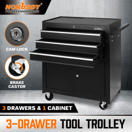 3 drawer steel tool trolley with lockable cabinet, rolling tool cart with brake casters for garage workshop
