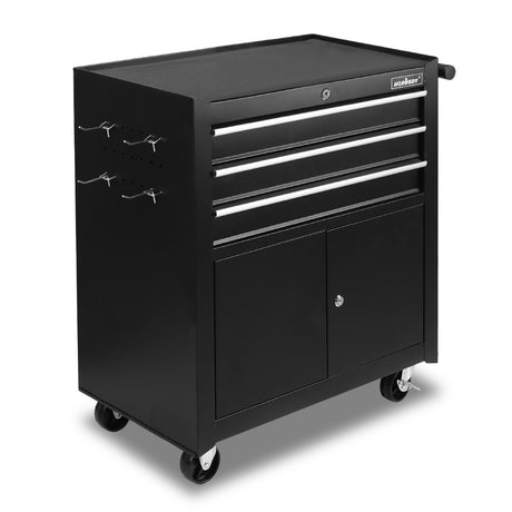 3 drawer steel tool trolley with lockable cabinet, rolling tool cart with brake casters for garage workshop