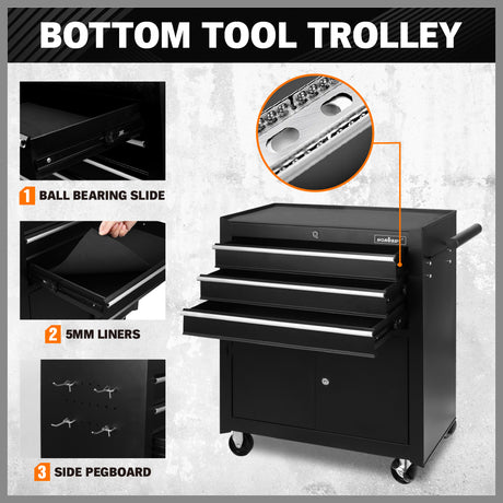 3 drawer steel tool trolley with lockable cabinet, rolling tool cart with brake casters for garage workshop