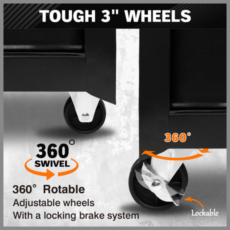 3 drawer steel tool trolley with lockable cabinet, rolling tool cart with brake casters for garage workshop