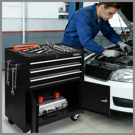 3 drawer steel tool trolley with lockable cabinet, rolling tool cart with brake casters for garage workshop
