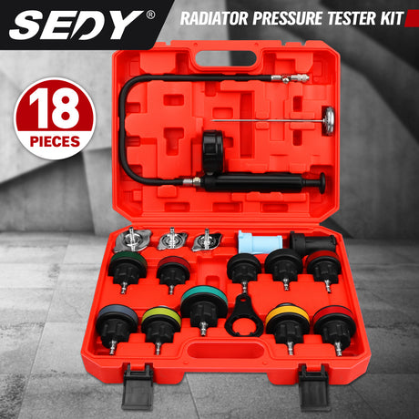 SEDY 18 piece radiator pressure tester kit with pump gauge thermometer and multiple radiator cap adapters for car cooling system leak testing